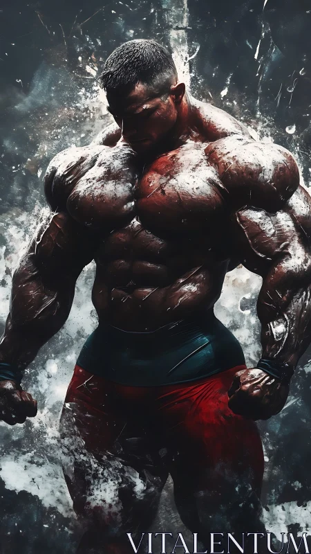 Titanic bodybuilder stands drenched in explosive splashes
