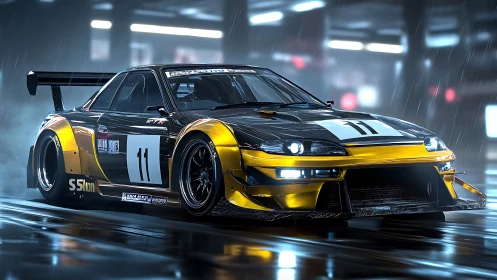 Sleek gold and black drift car powers through neon rain.