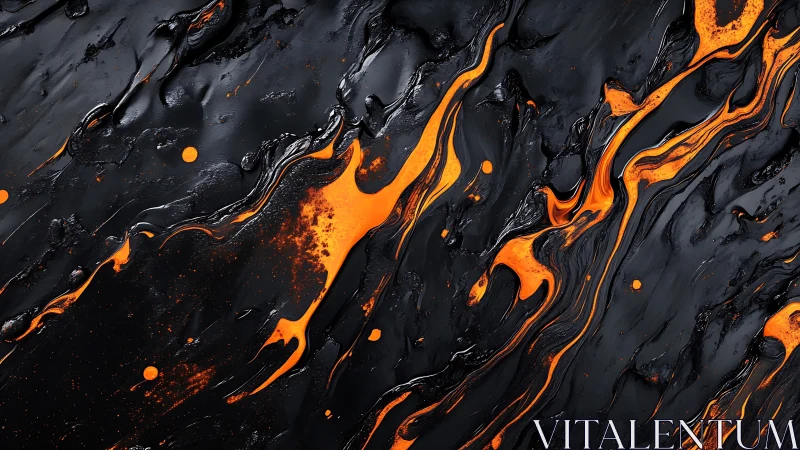 Molten orange streams carve gloss black abstract field.