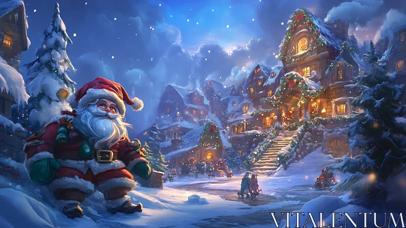 Santa stands in snowy village square beside lit festive houses