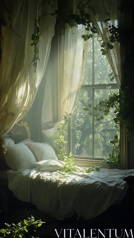 Morning vines whisper over a sunlit, dream-drowsy window bed