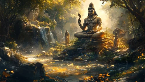 Luminescent river shrine and monumental meditative deity figure.