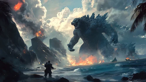 Titan of the Tidal Firestorms Strides Through Shattered Shore.