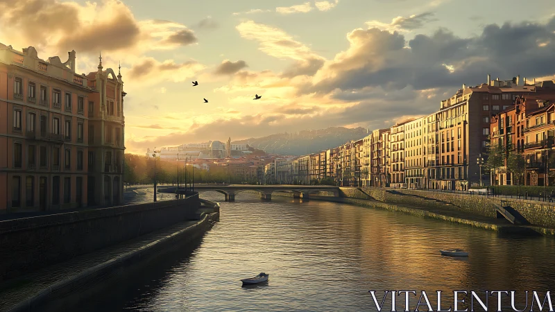 Golden riverfront cityscape glows beneath soft evening sun.