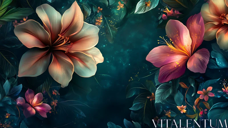 Luminescent Botanical Forms: Chromatic Flux in Darkened Atmospheric Space.