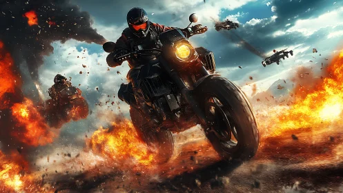 Armored biker outruns firestorm amid drones and explosions.