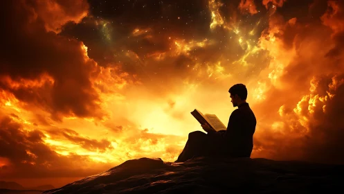 Silhouetted reader studies illuminated book under fiery cosmic sky