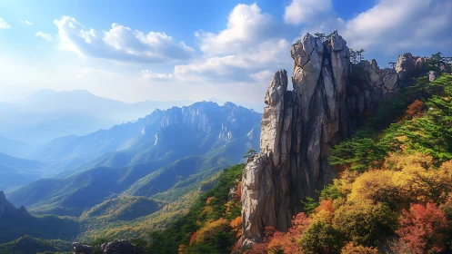 Towering cliffs rise above misty autumn mountain valley.