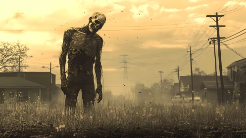 Decaying zombie figure advances through desaturated suburban street