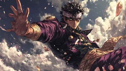 Sky‑torn warrior reaching through storm‑bright clouds.