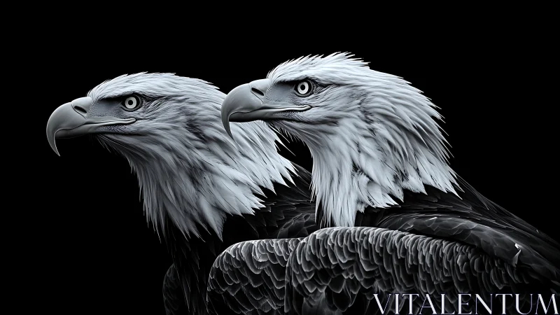 Two Bald Eagles in Dramatic Black and White Digital Art.