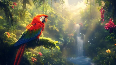 Scarlet macaw perches in dense rainforest above waterfall