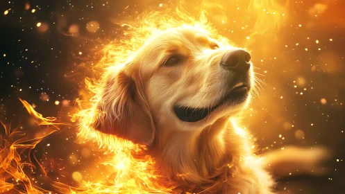 Golden retriever glows within swirling embers of light.