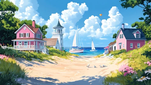 Coastal residential landscape with lighthouse and sailboats