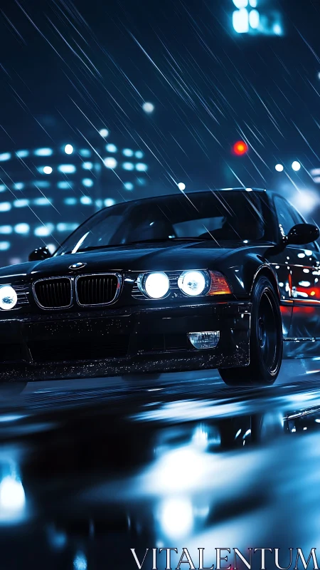 Midnight city drive with sleek black car in neon rain.