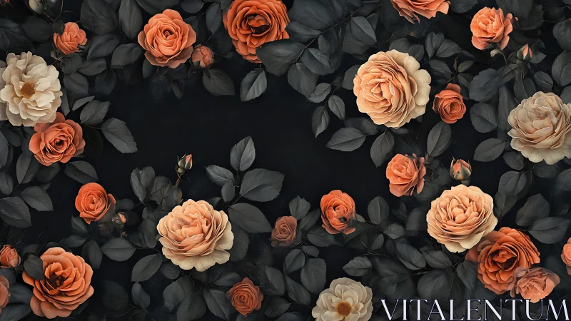 Coral Roses Dance: Moody Garden Frame with Charcoal Foliage.