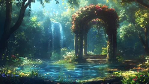 Enchanted garden archway beside luminous woodland pool.