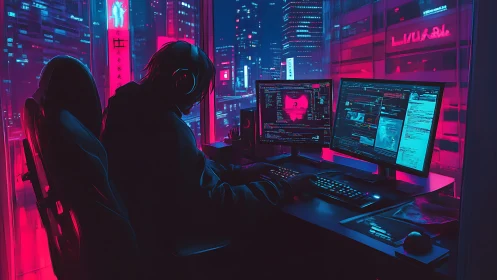Lone hacker codes at neon city workstation late at night
