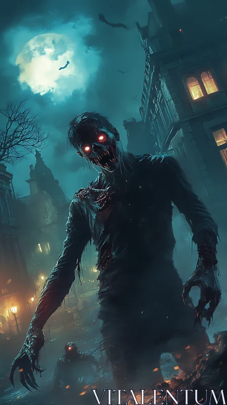 Moonlit undead stalker in fog-drenched gothic alleyway.