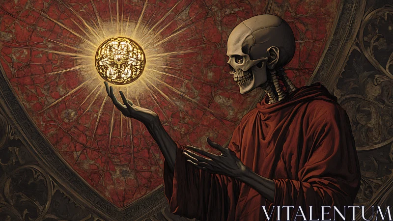 Skeletal monk contemplates a radiant arcane sun of power