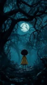 Child in yellow dress under moonlit twisted forest canopy.