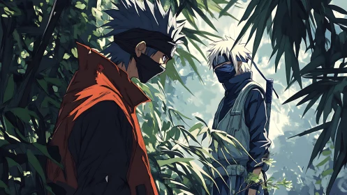 Masked warriors confronting quietly in dense bamboo grove.