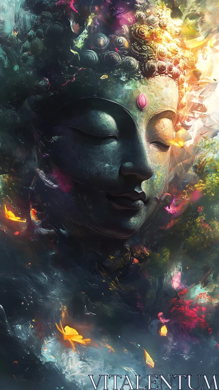 Gentle Buddha face glows softly amid swirling cosmic light