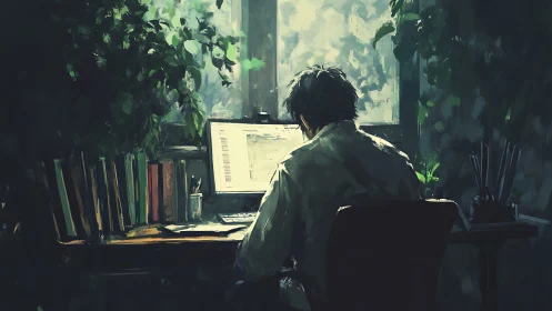 Digital study in a verdant studio, painterly backlit composition.
