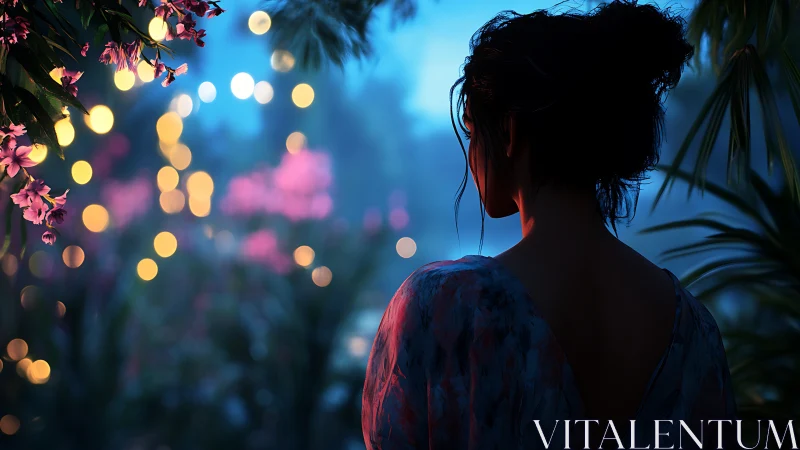 Woman gazes into dreamy garden lights at tranquil twilight