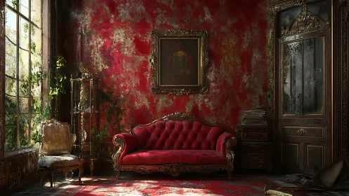 Decayed baroque lounge with red tufted settee and ivy ingress.