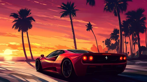 Aerodynamic supercar under chromatic sunset gradient sky.