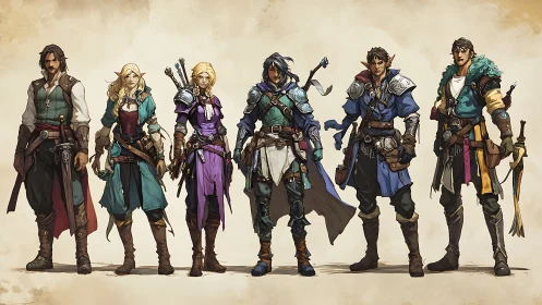 Fantasy adventuring party lineup with diverse armor, cloth and gear