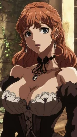 Red haired anime woman in corseted dress outdoors.