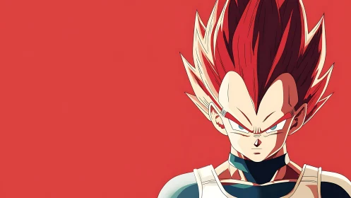 Symmetrical anime warrior portrait on saturated red field.