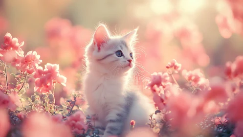 Kitten Portrait with Shallow Depth-of-Field Bokeh in Pink Floral Environment