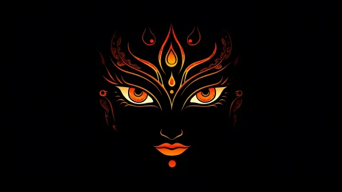 Stylized fiery goddess face glows against solid black background