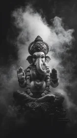 Monochrome Ganesh sculpture in volumetric smoke with high contrast