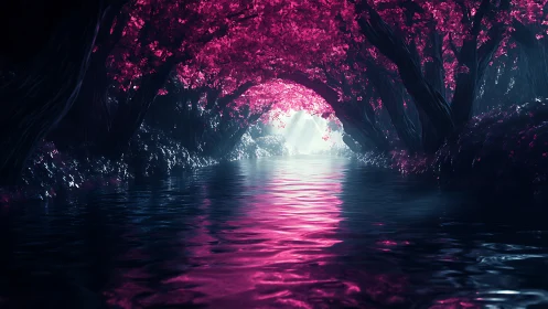 Luminescent Cavern with Pink Bioluminescent Vegetation