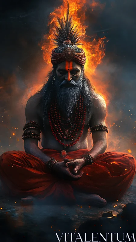 Fiery mystic in deep meditation wrapped in quiet strength.