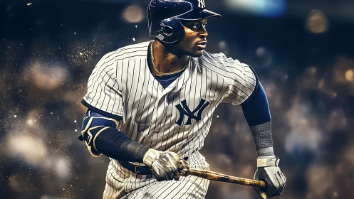 Yankees batter drives forward under stadium night lights.