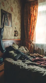 Rifle rests on unmade bed in dimly lit floral bedroom