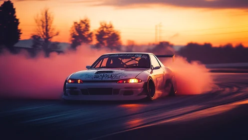 Sunset drift legend carving molten tire smoke halos.