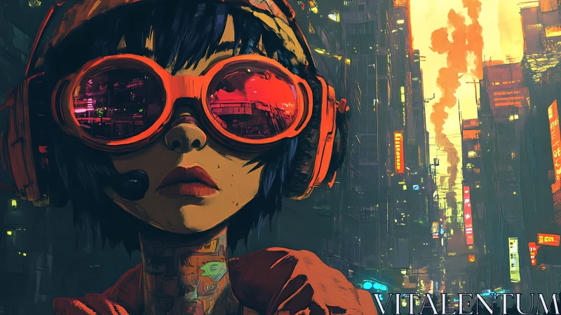 Subject in oversized red goggles stands in dense neon city