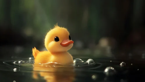 Tiny duckling patrols a twilight pond like a glowing skipper