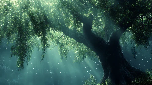 Ancient forest tree rendered in luminous volumetric light