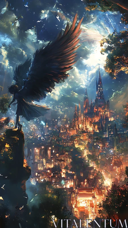 Winged guardian overlooks a radiant fantasy citadel at dusk.