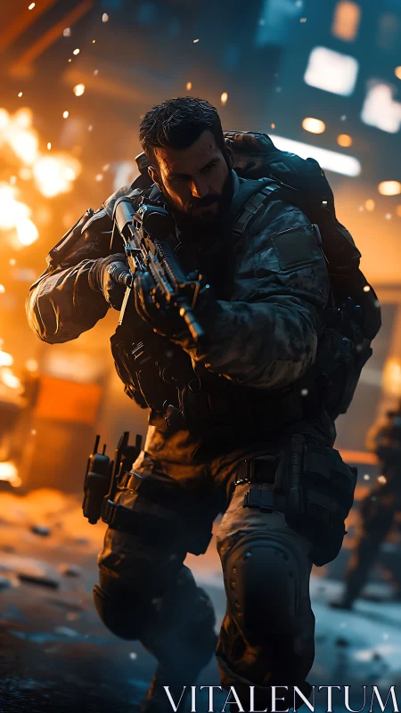 Firelit urban battlefield with focused modern soldier hero.