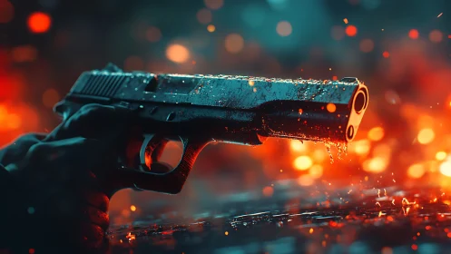 Cinematic Action Shot of Sleek Firearm with Dramatic Lighting.