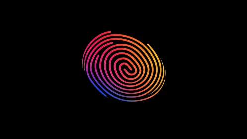 Chromatic biometric fingerprint spiral on black field.