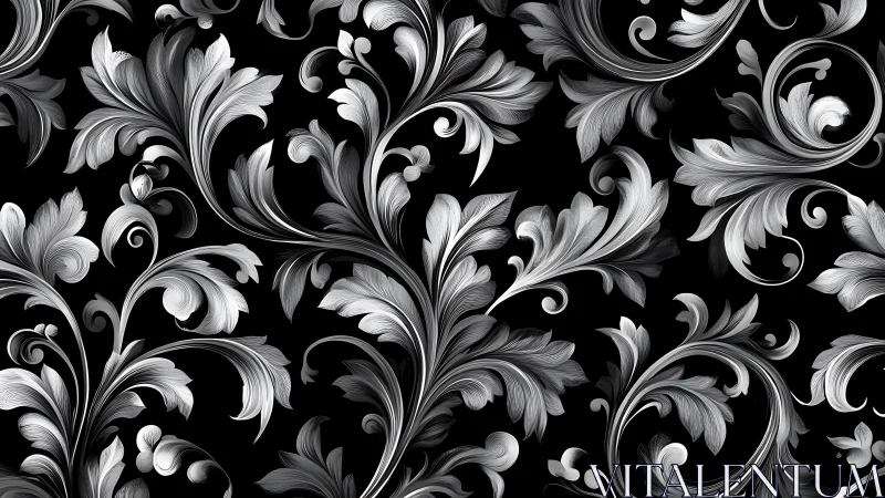 Silver leaf scrolls swirling across deep velvet black.